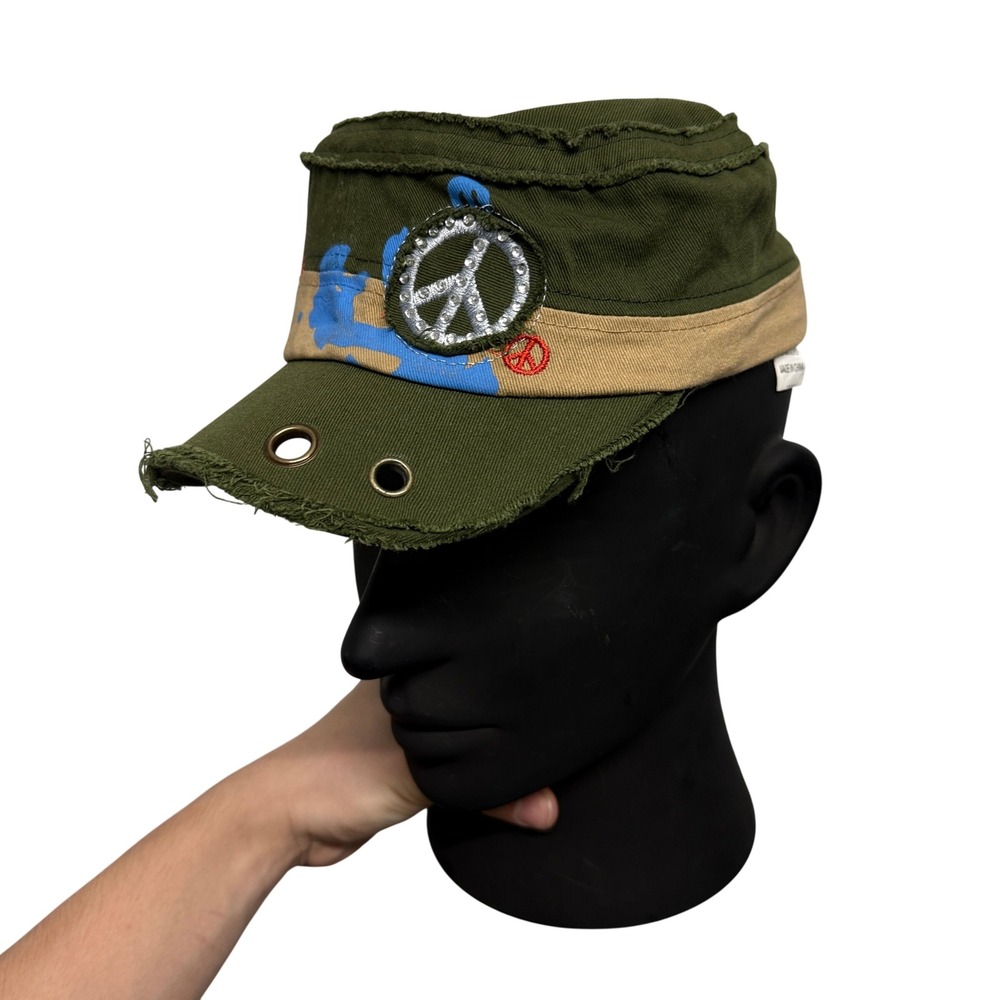 Unbranded Military Cadet Hat Unisex OS Olive Green Distressed Peace Patch Cap